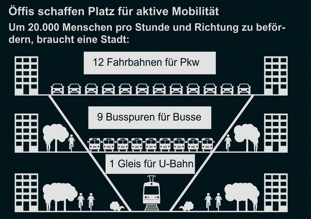 Infografik: Querschnitt mit 12 Autospuren, 9 Busspuren und 1 U-Bahn-Gleis, zeigt Flächenbedarf für Mobilität.